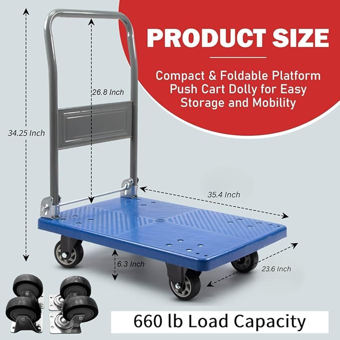 660 lbs Foldable Platform Truck Dolly with Swivel Wheels, Heavy Duty Moving Platform Hand Truck, 35.4 * 23.6 * 34.25 inches (PH300PVC)