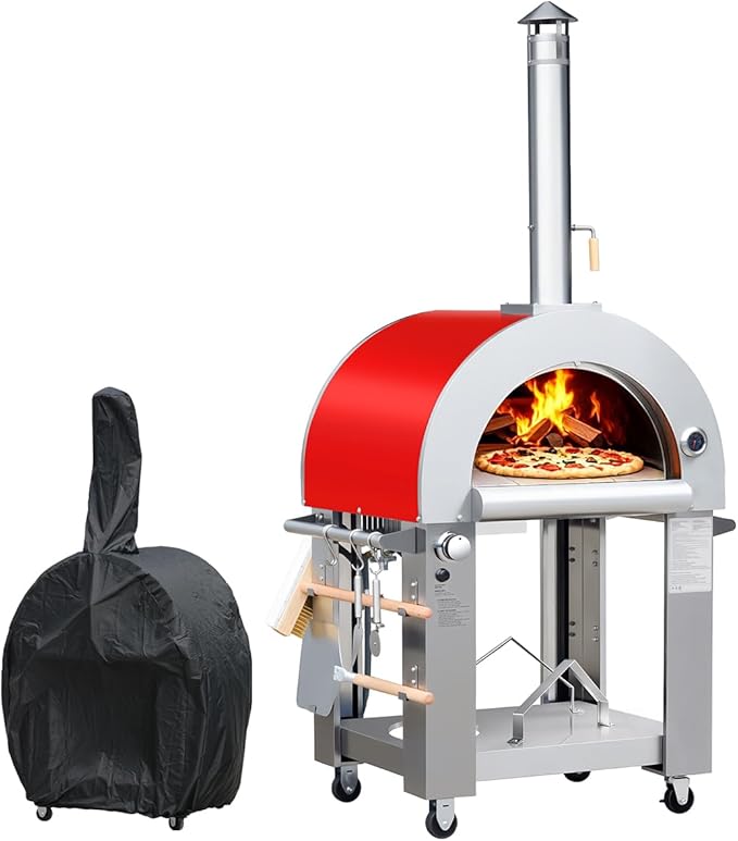 32.5" Wood Fired & Propane Gas Pizza Oven with Waterproof Cover, Large Outdoor Oven with Open Shelf and Wheels for BBQ, Grilling, Stainless Steel Pizza Oven for Outdoor, Backyard and Party (Red)