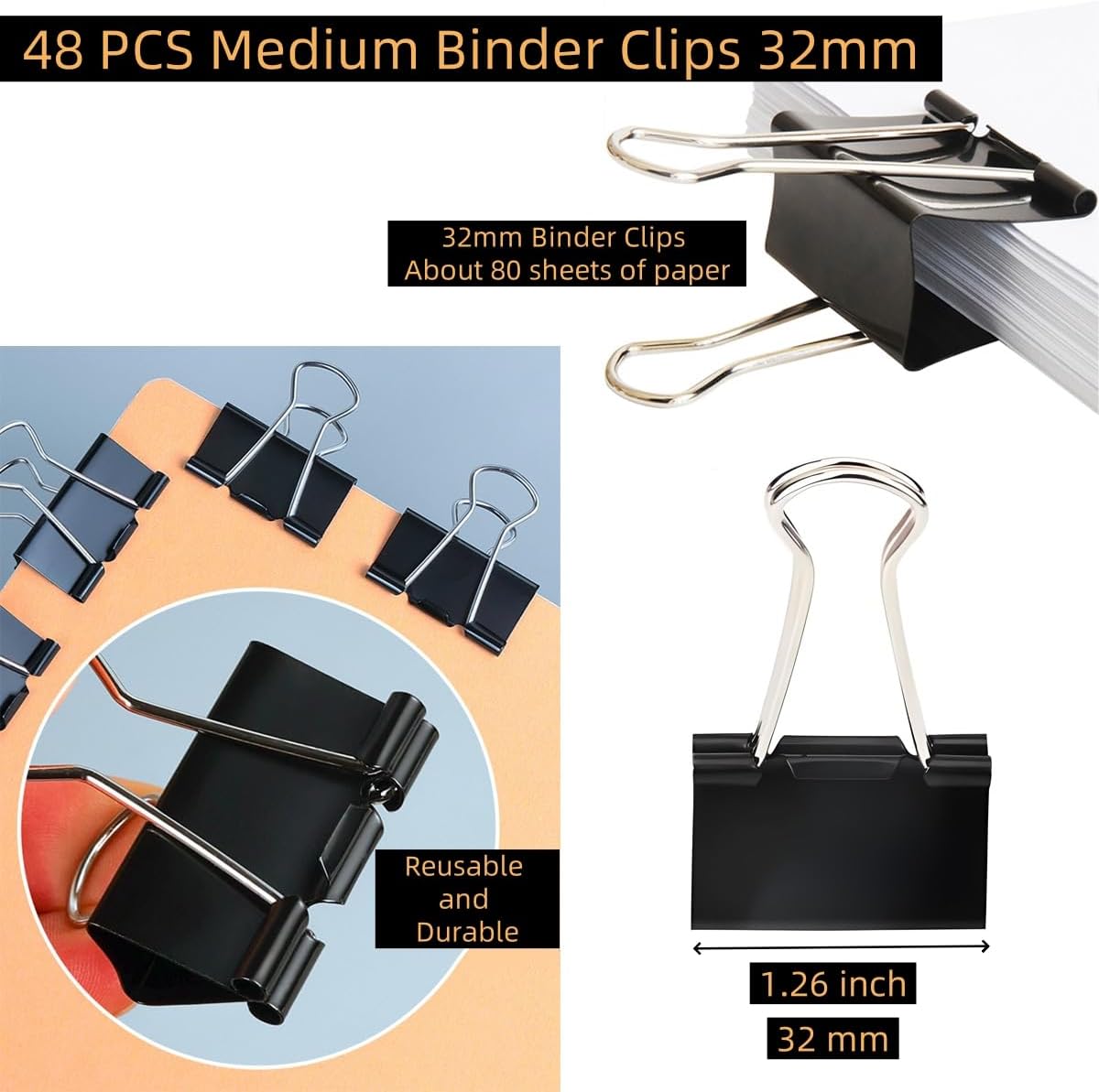 48 PCS Medium Binder Clips, 1-1/4 inch 32mm Binder Clips, Paper Clamps Medium Size for Office, Home, School, Document Organizing (1.25 inch)