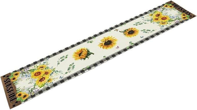 Sunflower Table Runner, Buffalo Floral Seasons Spring Summer Fall Table Runner for Kitchen Dining Farmhouse Home Party Outdoor 13x60in