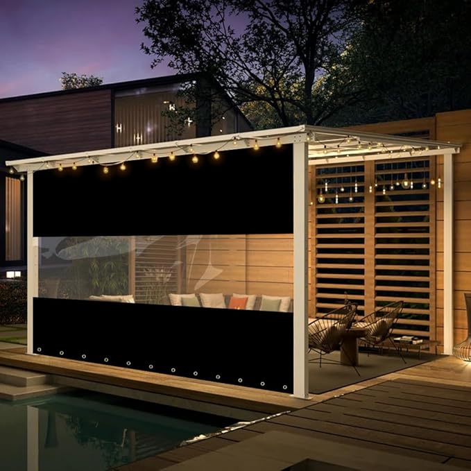 Covers & All Outdoor Clear Panel Curtain, 12 oz Vinyl Outdoor Curtains for Patio, Weather Resistant Waterproof Tarp with Brass Grommets for Pergola, Porch, Gazebos, Balcony (9'H x 12'W Feet, Black)