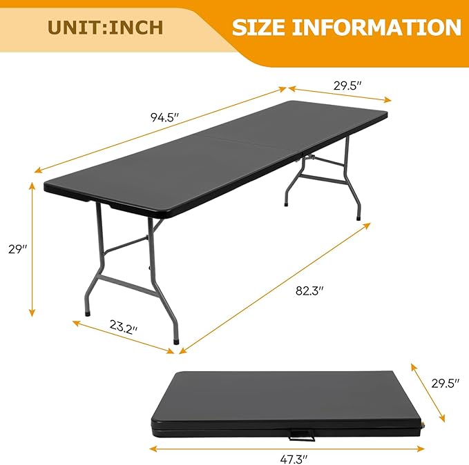 FDW 8FT Folding Table Half Portable Foldable Table Picnic Table for Office Home Camping Party (Black, 8 FT)