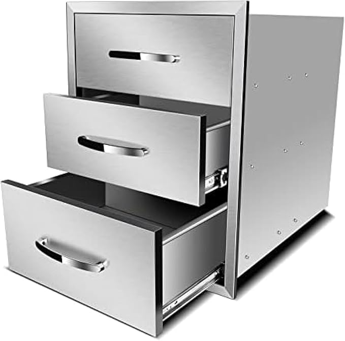 Stainless Steel Outdoor Kitchen Drawers - 3-Drawer BBQ Drawer, Built-in, Flush Mount for Outdoor Kitchens & BBQ Islands, 18Wx23Dx23H-3L