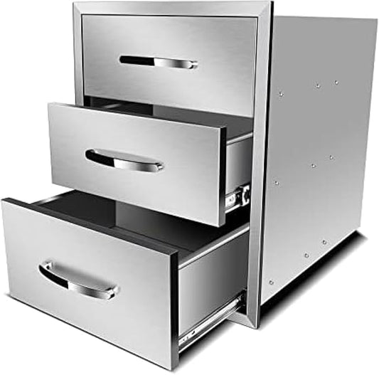 Stainless Steel Outdoor Kitchen Drawers - 3-Drawer BBQ Drawer, Built-in, Flush Mount for Outdoor Kitchens & BBQ Islands, 18Wx23Dx23H-3L