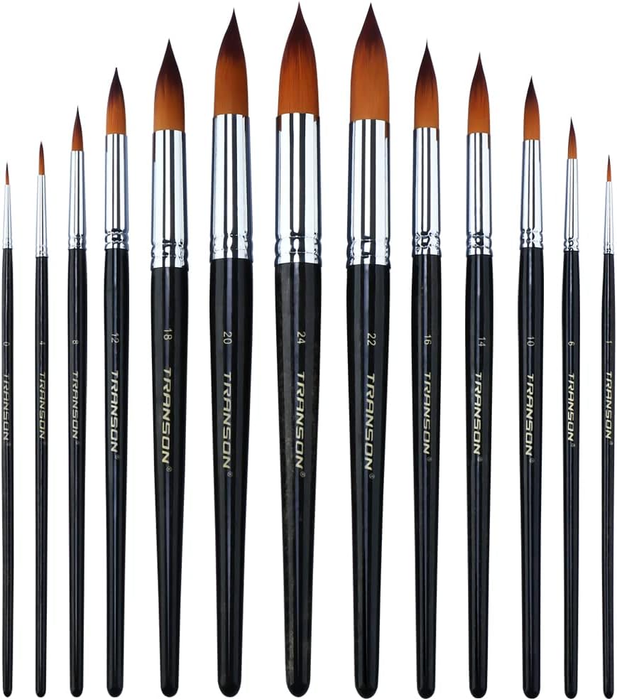 Transon 13pcs Round Paint Brush Set Synthetic Bristle Complete Round Brush Set for Watercolor Acrylic Gouache Ink Tempera