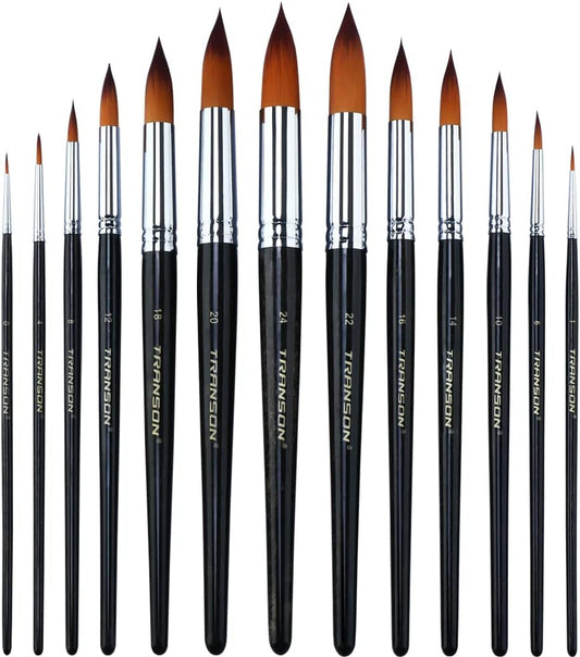 Transon 13pcs Round Paint Brush Set Synthetic Bristle Complete Round Brush Set for Watercolor Acrylic Gouache Ink Tempera