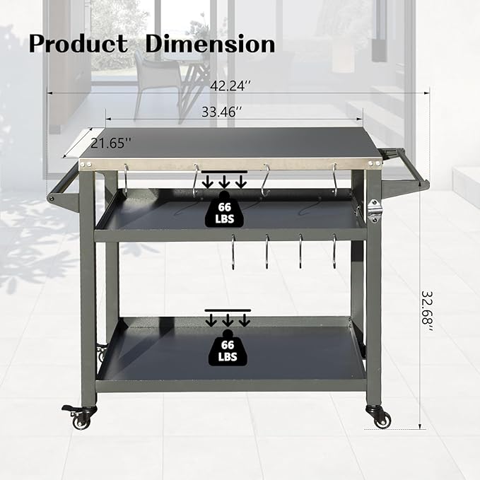 Domi 3-Tier Outdoor BBQ Grill Cart with Lockable Wheels | Portable Pizza Oven Stand & Food Prep Station | Blackstone Griddle with Stainless Steel Tabletop All-Weather Patio Cooking Center