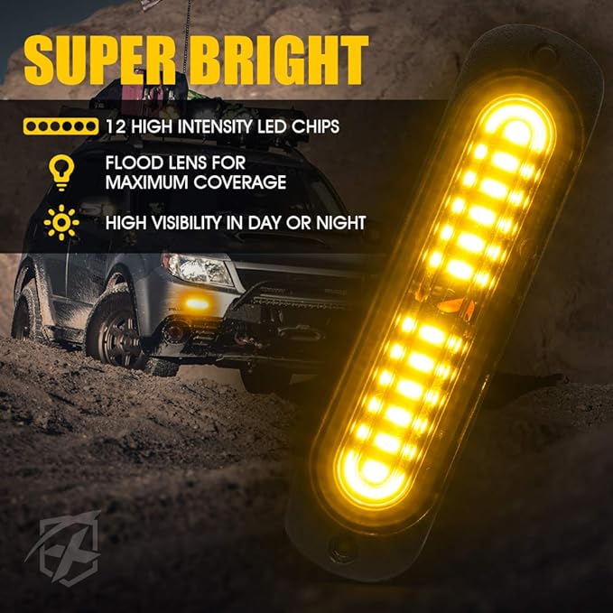 Xprite Amber LED Surface Mount Strobe Lights Kit, Grill Grille Side Marker Light Flashing Emergency Warning Light Assemblies w/Control Box for Trucks Vehicles ATV RV Cars Van - 4PCS