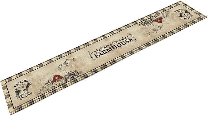 Farmhouse Table Runner, Rustic Country Barn Cottage Rooster Cow Check Animal Coffee Table Center Decor for Home Kitchen Dining Patio Holiday Party Indoor Outdoor Table Decorations 13"x72"