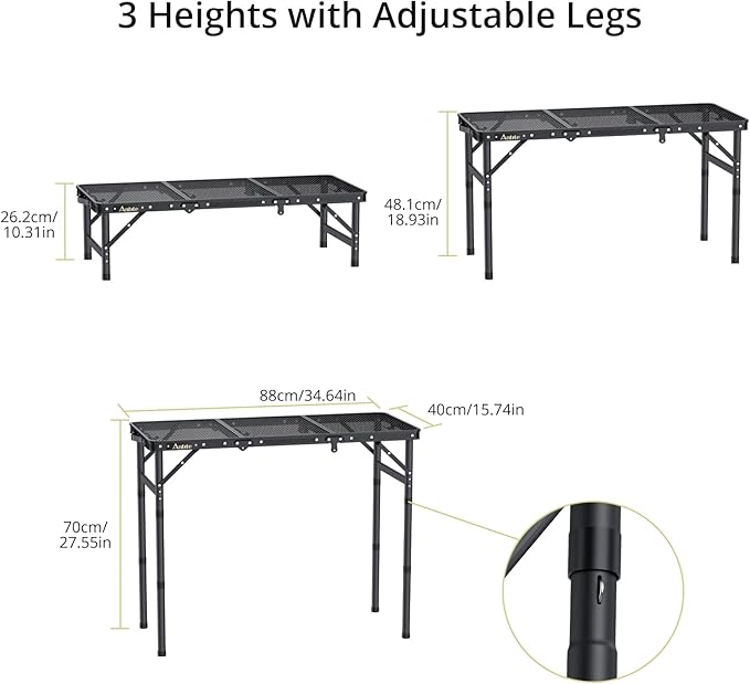 Anbte Folding Grill Table, 3ft Tri-Fold Aluminum Folding Table Adjustable Height Max 27.5" Grill Table with Mesh Desktop, Lightweight, Portable Handle for Outdoor Cooking BBQ Picnic (Black)