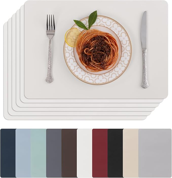 SHACOS Placemats Set of 6 Faux Leather Waterproof Wipeable PU Non-Slip Vinyl Place Mats Heat Resistant Table Mats for Kitchen Dining Table Indoor Outdoor, White