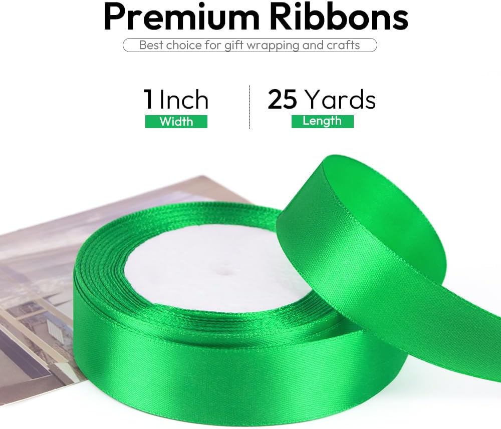 1 Inch 25 Yards Satin Ribbon Green, Solid Color Fabric Ribbon for Gift Wrapping, Wedding, Polyester Gift Ribbon for Birthday Party Decoration, Craft, Hair, Floral, Sewing