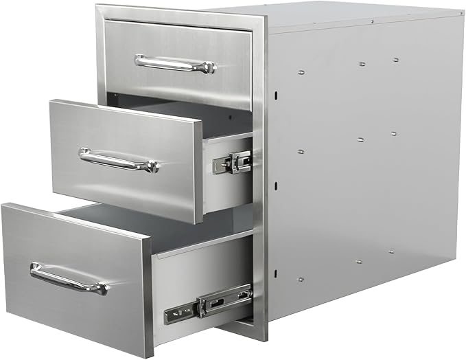Outdoor Kitchen Drawers 16"Wx21"Hx23"D Flush Mount Access 3-Drawer BBQ Stainless Steel Drawers with Handle for Outdoor Kitchen Island or Grill Station