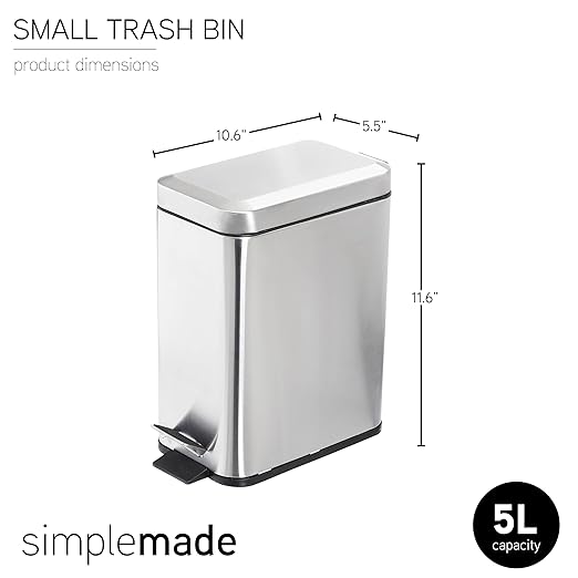 SIMPLEMADE Rectangle Step Trash Can - 5 Liter / 1.3 Gallon - Small with Lid, Stainless Steel for Bathroom | Office | Garbage | Metal Wastebasket (Steel)