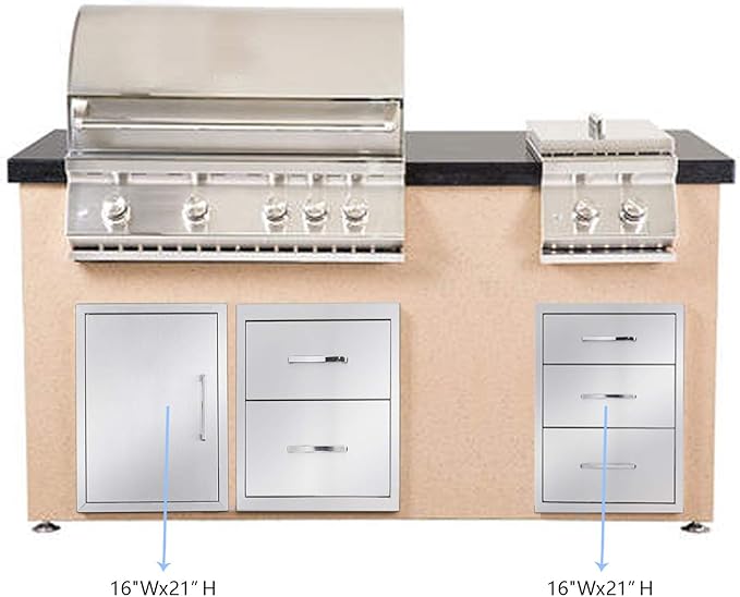 Outdoor Kitchen Drawers Stainless Steel 3-Drawer BBQ Drawer 16" W x 21" H x 23" D Enclosed Built-in Drawer Flush Mount for Outdoor Kitchens & BBQ Islands