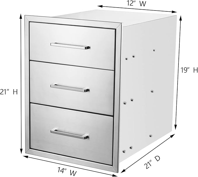 TIANAI Outdoor Kitchen Drawer 14" W x 21" H x 21" D Stainless Steel BBQ Drawer with Exquisite Handle Three-Opening Drawer for Embedded Installation