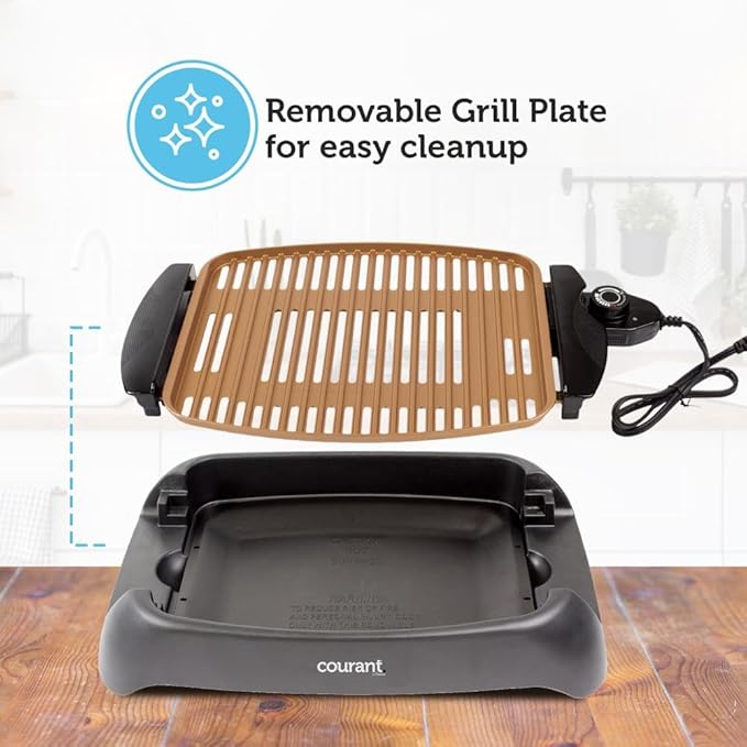 Courant smokeless indoor Electric grill, Copper Non-stick Coating Extra Large and Adjustable Temperature Control, Grill BBQ, Table Top Indoor Grill