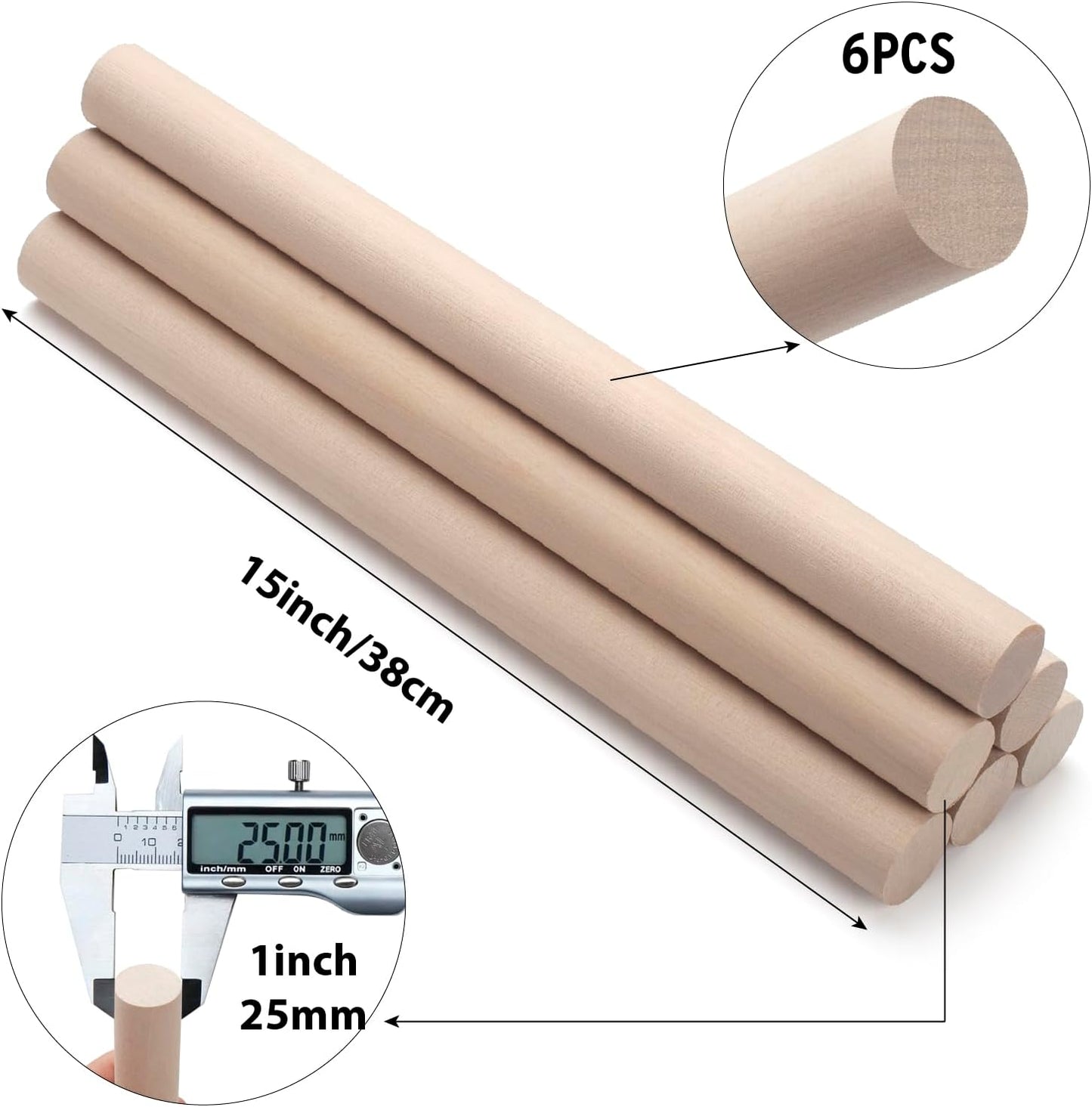 Wooden Dowel Rods Wood Dowels for Crafts, 6 PCS 1 x 15 Round Wooden Sticks for Crafts, Thick Macrame Dowels, Unfinished Hard Wood Sticks for Crafting, Arts and DIYers, Closets and Wedding