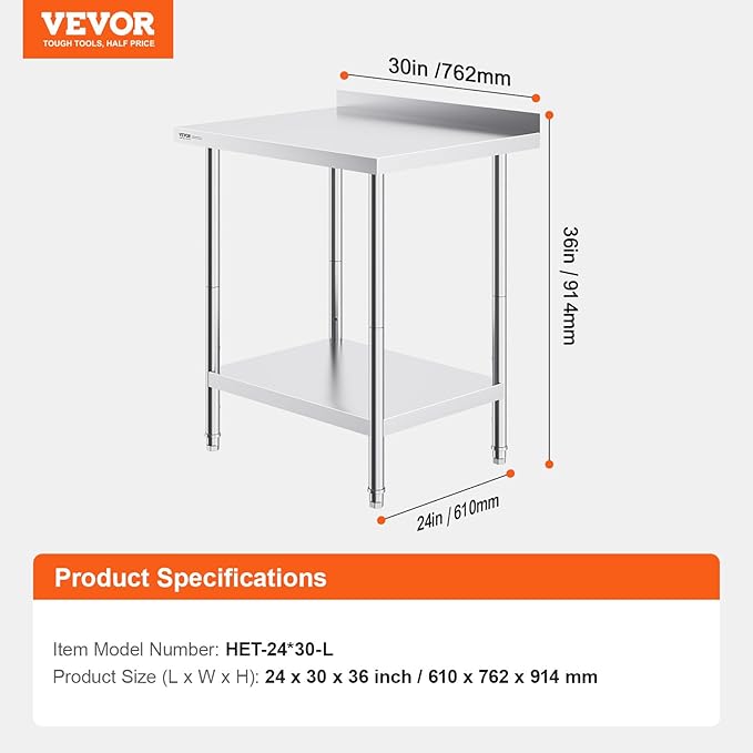 VEVOR 24 x 30 x 36 Inch Stainless Steel Work Table, Commercial Food Prep Worktable Heavy Duty Prep Worktable, Metal Work Table with Adjustable Height for Restaurant, Home and Hotel