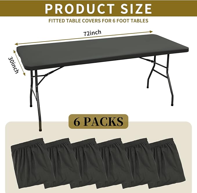 6 Pack Stretch Fabric Table Top Cap Cover, fits 6' Tables, Spandex Table Covers Washable Elastic Universal Rectangle Tablecloth Protector for Indoor Outdoor Party Picnic Wedding, Gray, 30" W x 72" L