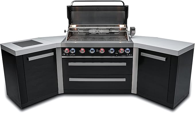 Mont Alpi MAi805-BSS45 44-inch 6-Burner 115000 BTU 45 Degree Black Stainless Steel Gas Outdoor Kitchen Bar Island Grill w/Infrared Side & Rear Burners + Granite Countertops + Storage Drawers