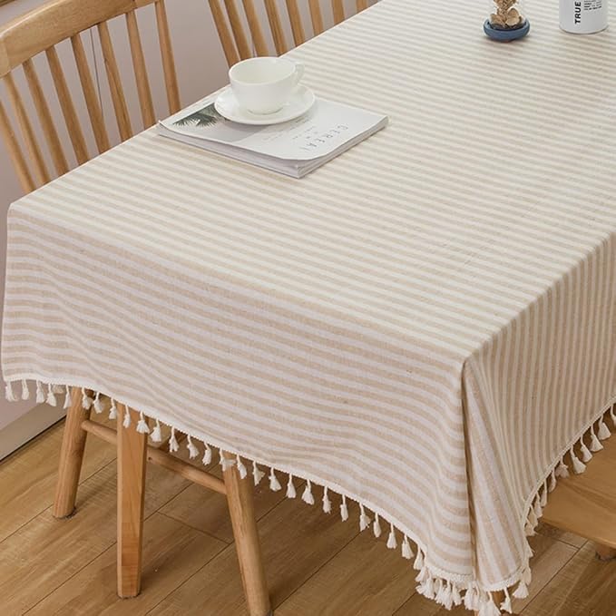 TruDelve Cloth Tablecloth Rectangular Beige Striped Cotton Table Cloths Farmhouse Fall Tablecloths for 6 Foot Rectangle Tables (Beige,86"x55",Rectangular)