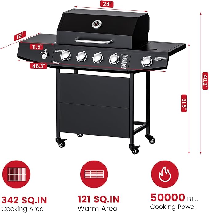 4-Burner Propane Gas Grill with Side Burner, 50,000 BTU Gas BBQ Grill with Stainless Steel Grates,Easy-Clean Grease, Side Tablesfor Patio, Camping, Backyard