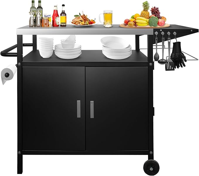 35" H Outdoor Grill Cart- Outdoor BBQ Prep Table, Lockable Wheels & Magnetic Cabinet for Patio, Backyard, Tailgating