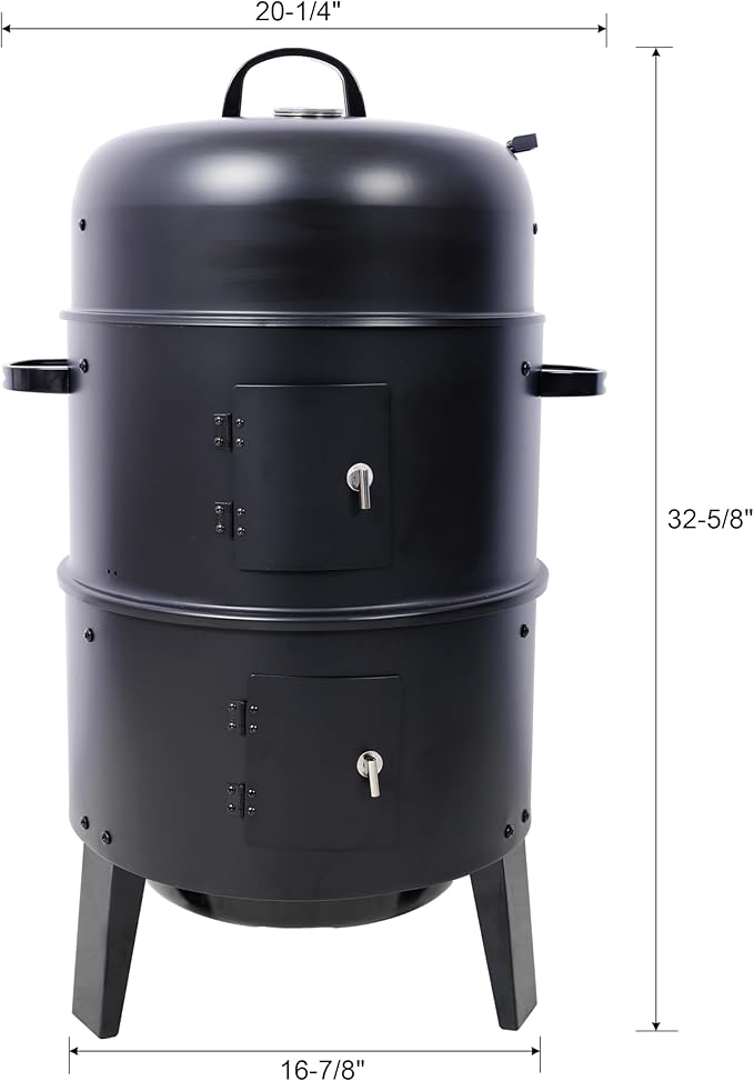 17 Inch Charcoal Smoker Grill, Heavy Duty Vertical BBQ Smoker with Thermometer, Dual Access Doors, Adjustable Air Vent, Outdoor Steel Grill for Smoking & Grilling