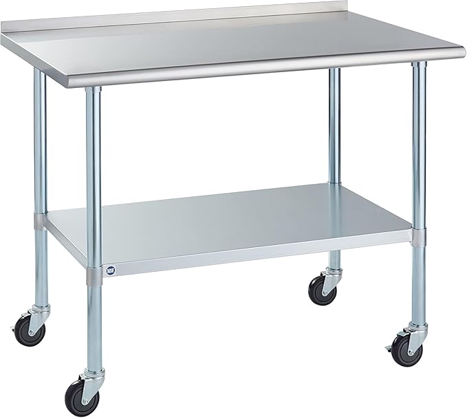 ROCKPOINT Stainless Steel Table for Prep & Work with Backsplash and Caster 30x48 Inches, NSF Metal Commercial Kitchen Table with Adjustable Under Shelf and Table Foot for Restaurant, Home and Hotel