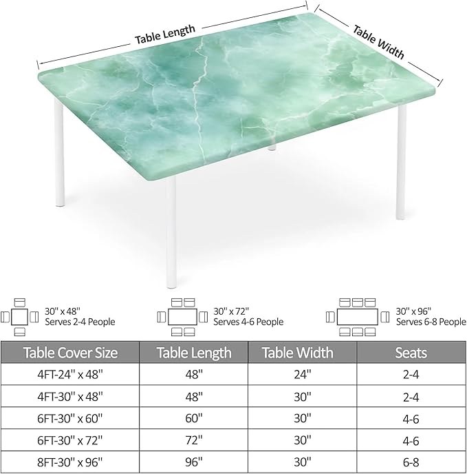 Rectangle Table Cloth Cover Waterproof Elastic Fitted Polyester Fitted Tablecloths for 6 Foot Tables for Indoor,Picnic, Camping, Outdoor （60" x 30"，Green Marble）