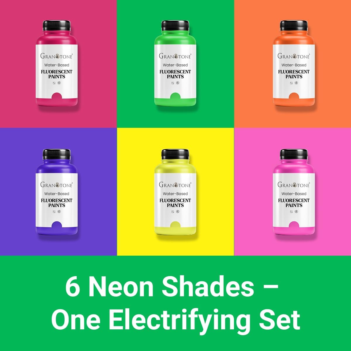 GRANOTONE Neon Fluorescent Acrylic Paint Set - 6 Colors, 8 oz Each | Glows in Black Light | Non-Toxic & Vibrant Paint | Ideal for Art, Crafts, Kids, & Hobbyists | Made in India