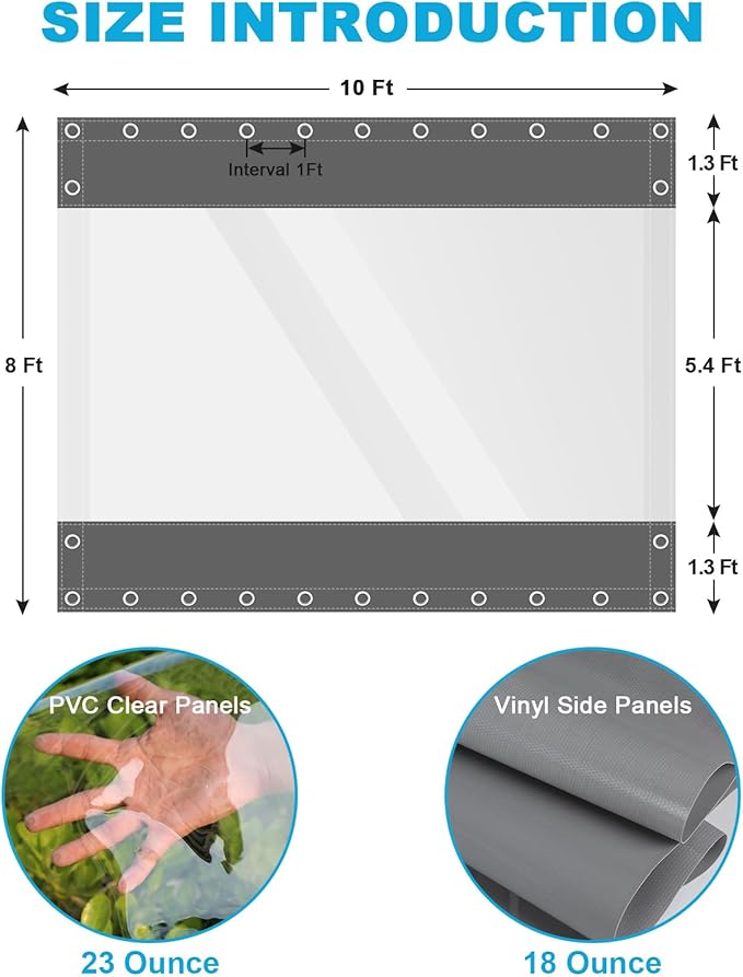 Clear Vinyl Curtains for Patio Enclosure, 23oz Heavy Duty Waterproof Anti-UV and Tear-Resistant Tarpaulin with Grommets, Weatherproof Panels for Porch, Pergola, Gazebo, Balcony, Outdoor