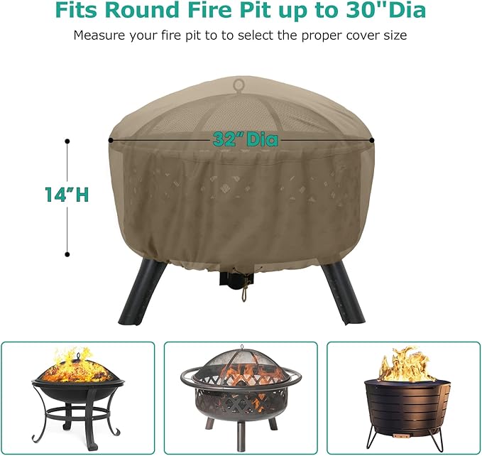 SunPatio Outdoor Round Fire Pit Cover 32 inch, Heavy Duty Waterproof Fire Pit Bowl Cover with Drawstring, All Weather Protection, 32" Dia x 14" H, Taupe