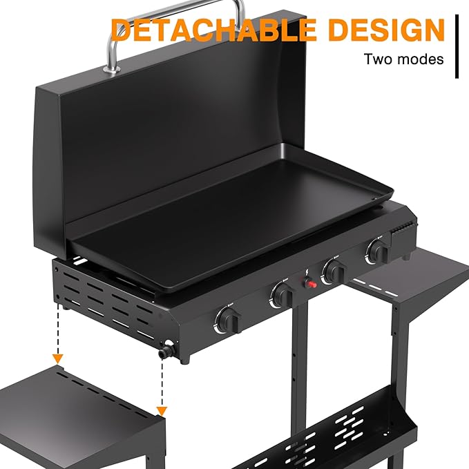 4 Burner BBQ Gas Griddle with Hood, 30 Inch Stainless Steel Portable Detachable Propane Griddle, 60,000 BTU Flat Top Grill with Side Shelves for Camping, Black