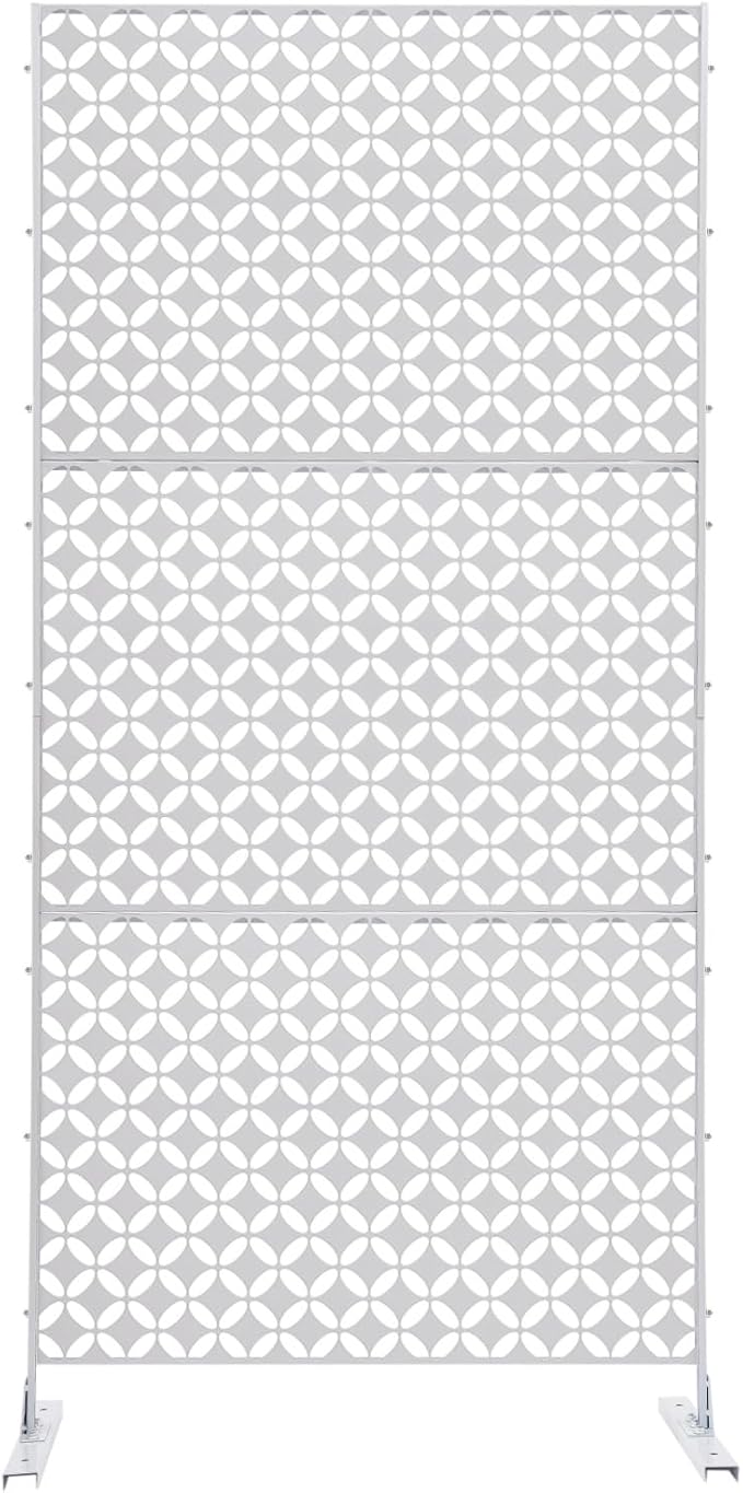 75" H×35" W Decorative Outdoor Privacy Screen with Stand, Outdoor Decor Privacy Fence Screen Metal Fence Panels, Free Standing Metal Divider for Patio Lawn Deck (White-Circle)
