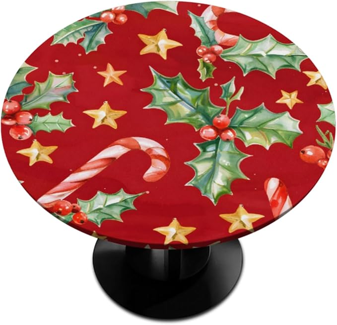 Christmas Ruffle Star Candy Round Table Cloth Cover, Elastic Edge Waterproof Wipeable Tablecloths 36"-42" Polyester Tablecloth for Party Restaurant Banquet Holiday Camping Outdoor Picnic