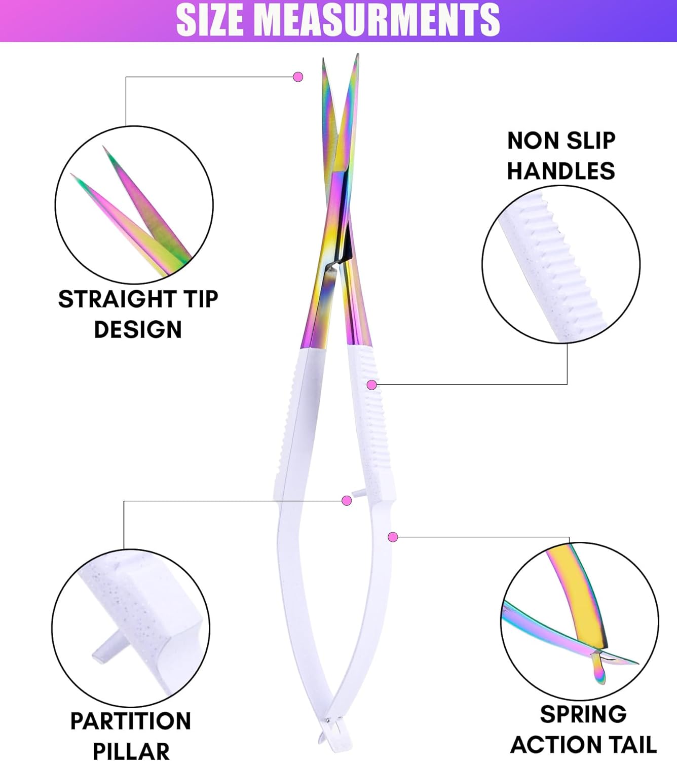 Cross Edge Spring Scissors 5 Inch straight Stainless-Steel Precision Eyebrow & Eyelash Shaping Trimming Scissor, Squeeze, Embroidery, Knitting Micro Tip Craft Scissors (Rainbow Glitter White)