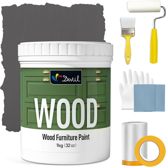 DWIL Matte Finish Furniture Paint - 32 Oz Wood Paint for Cabinets, Doors, Tables, and Dressers Refinishing - Water-Based, Non-Toxic & Odorless, Easy to Apply(Anthracite Gray)-With Tools