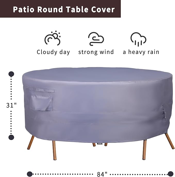 Round Patio Furniture Cover, Heavy Duty and Waterproof for Outdoor Furniture covers, Round outdoor table cover, Patio table cover 84"DIA x 31"H Grey