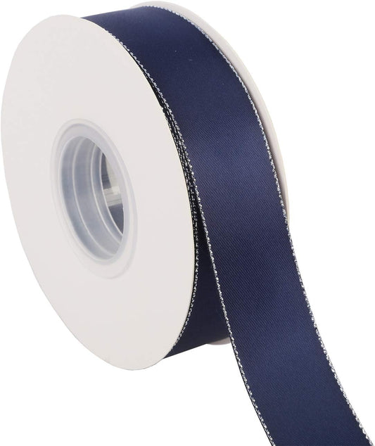 ITIsparkle 1" Inch Double Faced Satin Ribbon 25 Yards with Silver Edges, 1" X 25Yd - Navy