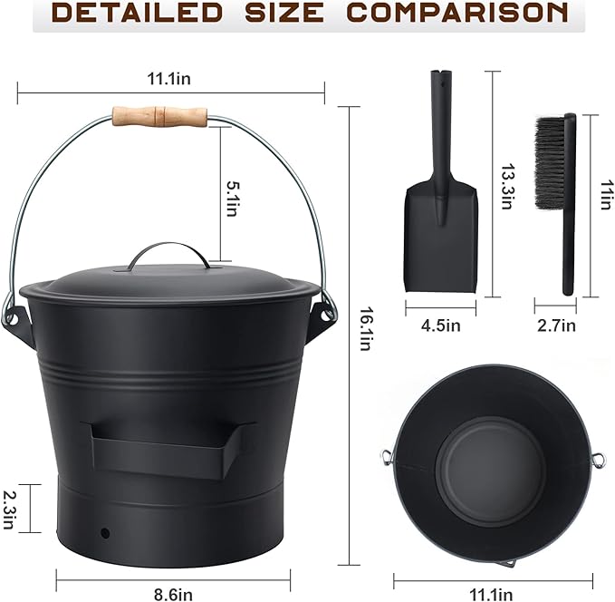 BRIAN & DANY Ash Bucket with Lid, 2.6 Gallon Fireplace Ash Bucket with Shovel and Hand Broom, Metal Bucket for Fireplace, Fire Pit, Wood Burning Stove, Black