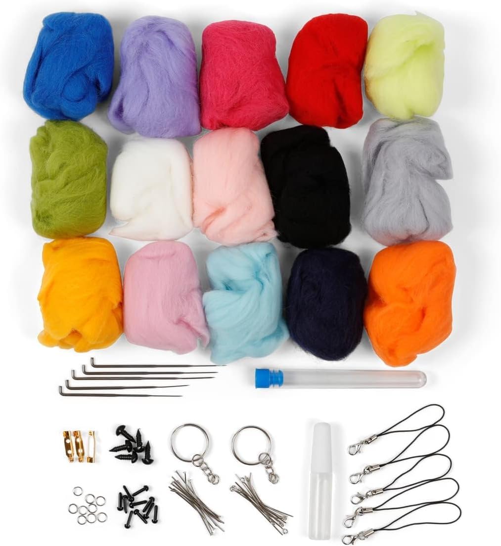 Incraftables Felting Needles Wool Roving Kit - Needle Felting Kit for Beginners, Adults & Kids – Wool Felting Kit with Plastic Eyes, Keychains, Glue & Accessories – 15 Colors