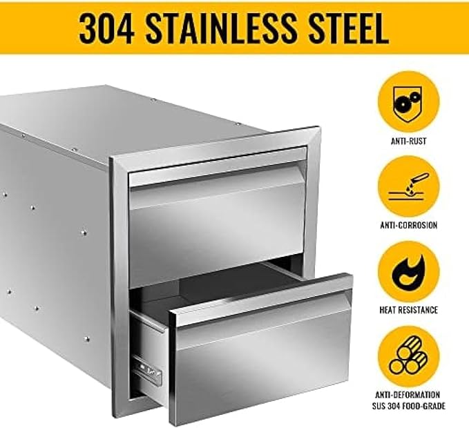 Outdoor Kitchen Drawers, Box Frame Style Flush Mount BBQ Drawer w/Stainless Steel Handle, BBQ Island Drawers For Patio Grill Station,Double Drawers