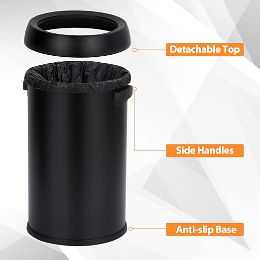 GarveeHome 17 gal/65 L Open Top Trash Can, Stainless Steel Rubbish Bin, Commercial Grade Waste Container, Round Garbage Can for Outdoor, Home Office, Restaurant, Black