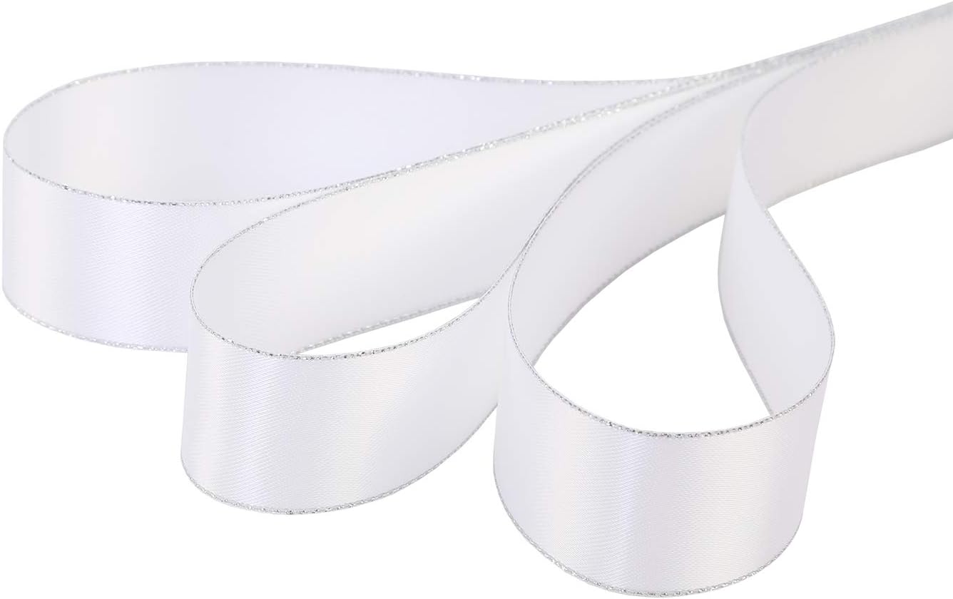 ITIsparkle 1" Inch Double Faced Satin Ribbon 25 Yards with Silver Edges, 1" X 25Yd - White