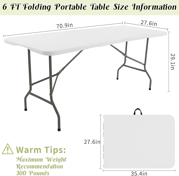 Fivenl 2 Pack 6 FT Folding Tables White Foldable Table, Fold-in-Half with Carrying Handle Portable Plastic Rectangular Table for Party, Dining, Wedding, Camping, Picnic, Indoor Outdoor Events