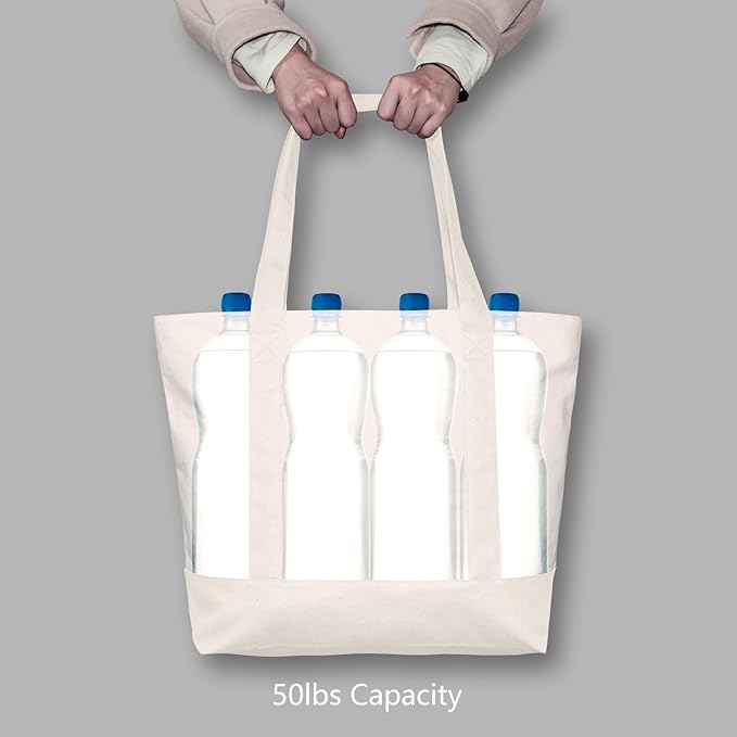 TOPDesign 30-Pack Canvas Tote Bags with an External Pocket, Reusable Grocery Shopping Bags, Top Zipper Closure, Daily Essentials (Natural)