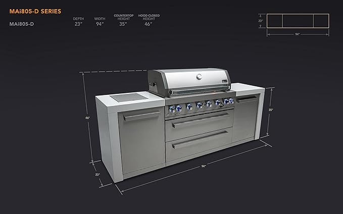 Mont Alpi 805 MAi805-D 6-Burner 115000 BTU Stainless Steel Outdoor Kitchen Island BBQ Gas Grill + 2 Infrared Side Burners Granite Countertops, Storage Drawers & Cabinets, Rotisserie Kit, Weather Cover