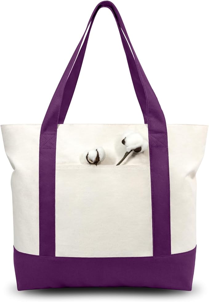 TOPDesign 1-Pack Canvas Tote Bag with an External Pocket, Reusable Grocery Shopping Bag, Top Zipper Closure, Daily Essentials (Purple/Natural)
